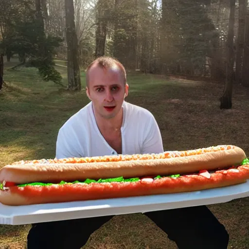 Image similar to man eating a ten foot long hotdog