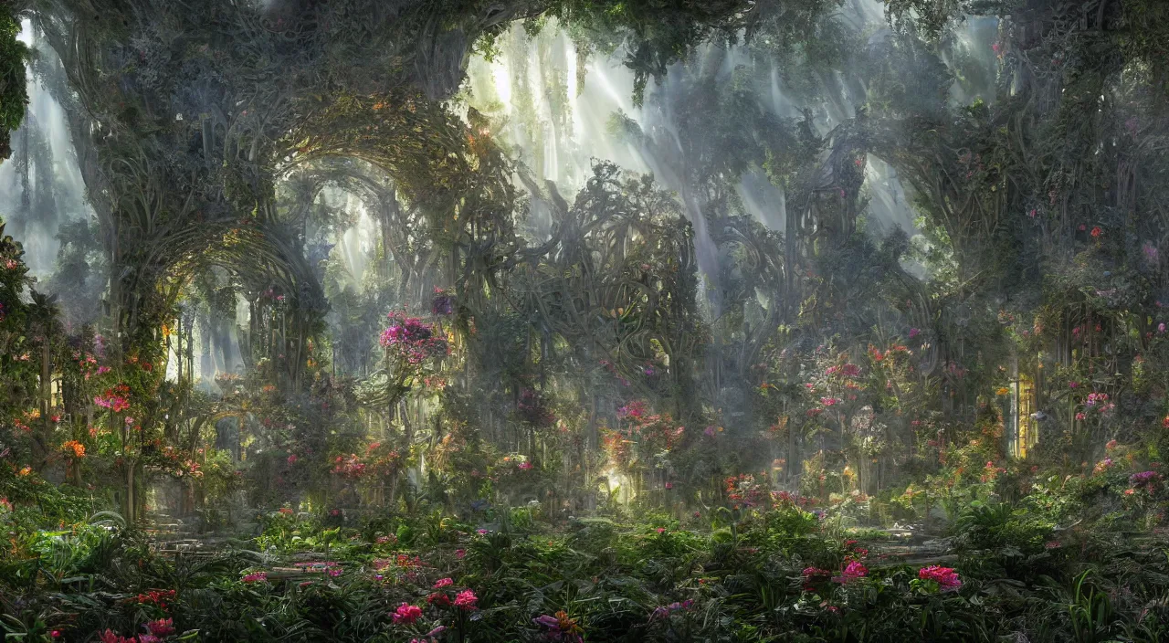 Image similar to ancient structure, large illuminated gateway, fractal structure, cellular biology, thick forest, many flowers by glenn small, by ernst haeckel, by albert bierstadt, photorealistic, zaha hadid, god rays, volumetric lighting, detailed, intricate, delicate, raytrace, octane, light fog, neon, bladerunner