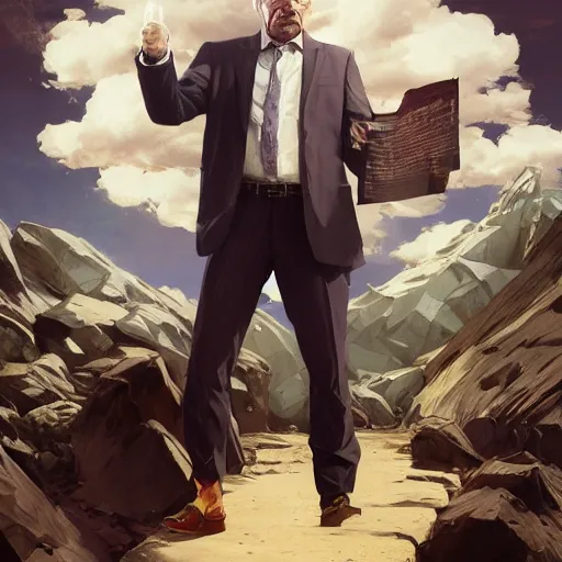 Prompt: saul goodman and walter white, fantasy character portrait, dynamic pose, above view, sunny day, very coherent asymmetrical artwork, sharp edges, perfect face, simple form, 1 0 0 mm by stanley artgerm lau, greg rutkowski, thomas kindkade, alphonse mucha, loish