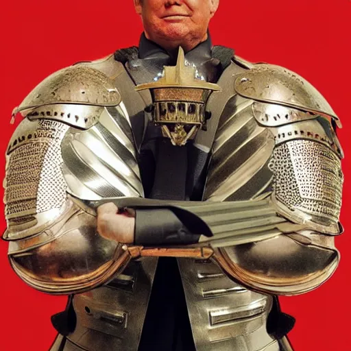 Prompt: photo of donald trump, kodak portra 4 0 0, wearing a suit of knight ’ s armor, two arms, two legs, symmetrical face, donald trump ’ s face, donald trump, donald trump holding a mythical sword, knights armor