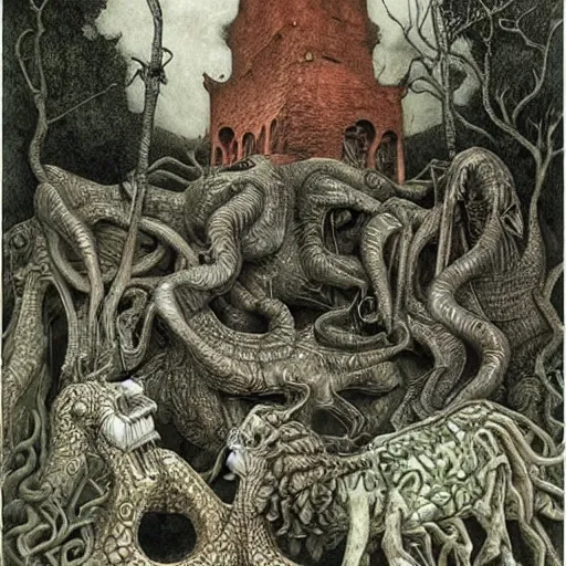 Prompt: in the garden of beasts, very detailed and colorful, by Santiago Caruso, by M.C. Escher, beautiful, eerie, surreal, psychedelic