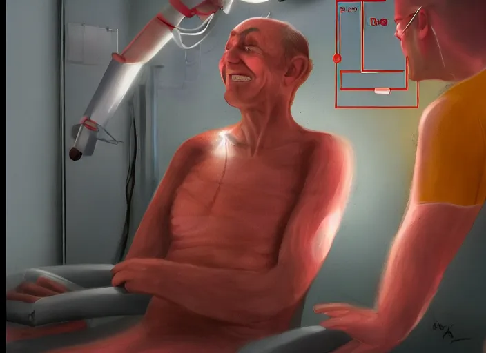 Image similar to a happy patient just cured from schizophrenia by power of cutting edge science in brightly lit modern soviet hospital trending on Artstation