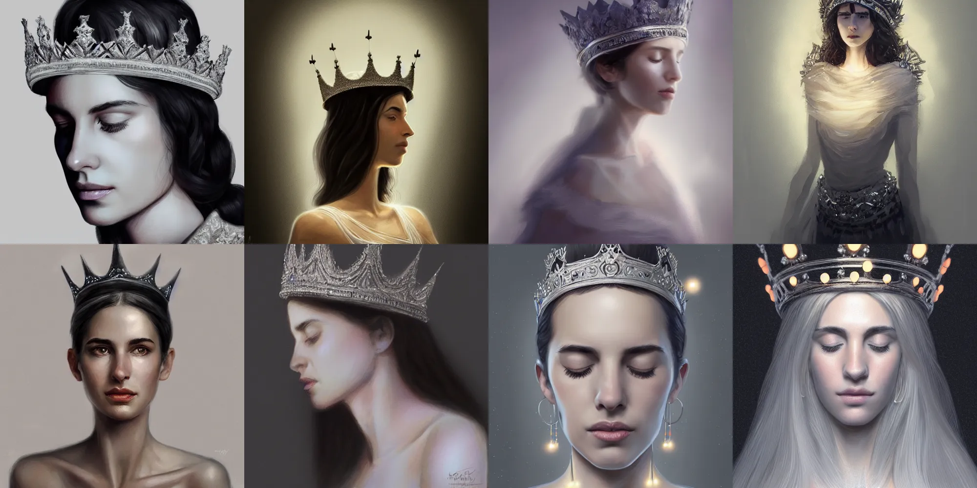 Prompt: portrait of hila klein wearing a light grey crown, photorealistic, crown, eyes closed, crown, black hair, intricate, elegant, glowing lights, highly detailed, digital painting, artstation, concept art, smooth, sharp focus, illustration, art by wlop, mars ravelo and greg rutkowski