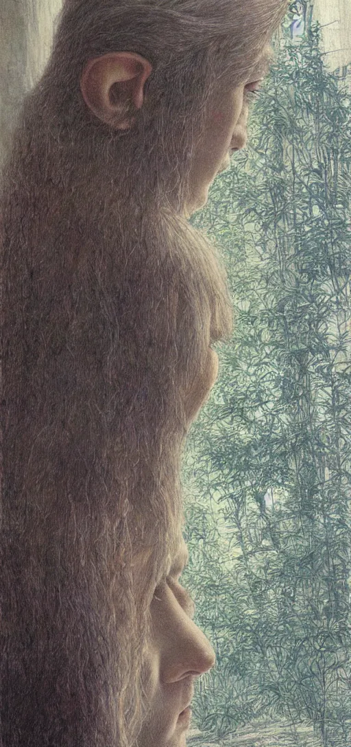 Image similar to an elf staring at the window looking at the trees outside, 8 k, ultra _ realistic, art by alan lee