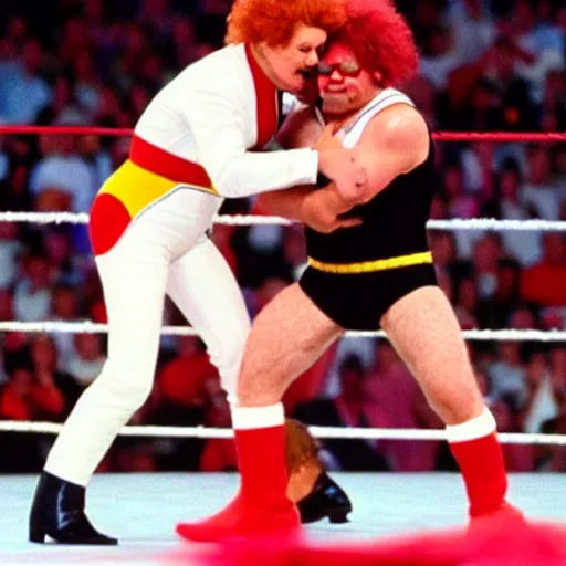 Image similar to Ronald McDonald elbow drops Colonel Sanders in WWE, 1990