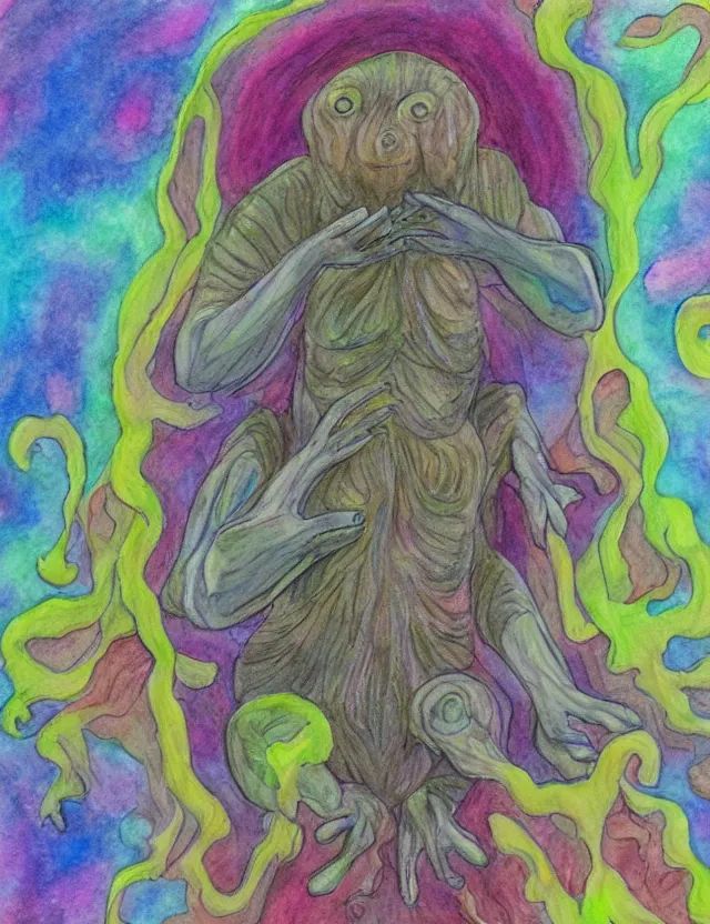 Prompt: tardigrade goddess, soft shading, dynamic lighting, watercolor and colored pencils, religious and spiritual themes