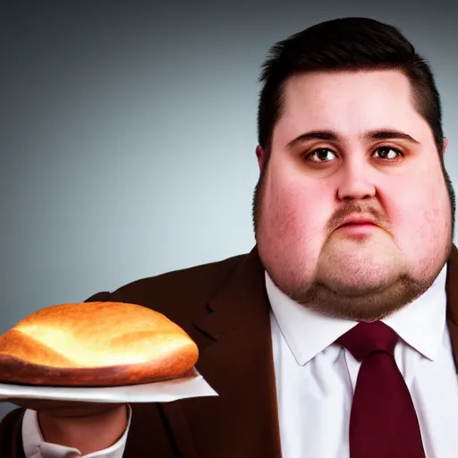 Prompt: Close up portrait of a chubby man wearing a brown suit and necktie with a bakery the background. Photorealistic. Award winning. Dramatic lighting. Intricate details. UHD 8K. He looks guilty.