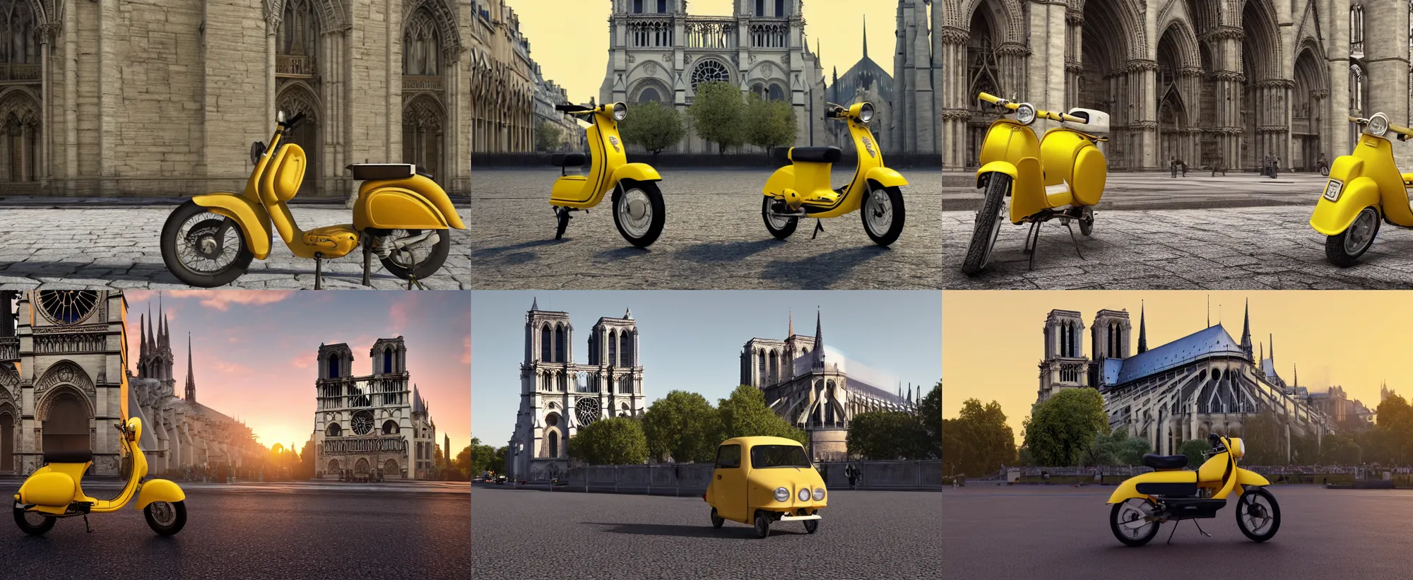 Prompt: vintage yellow moped ( ( mobylette ) ) driven past notre dame cathedral, france at sunrise, concept art, octane render, unreal engine 5, trending on artstation, high quality, 8 k, soft lighting, path traced, hyperrealistic, highly detailed, digital art, symmetrical, cinematic, high coherence, godrays
