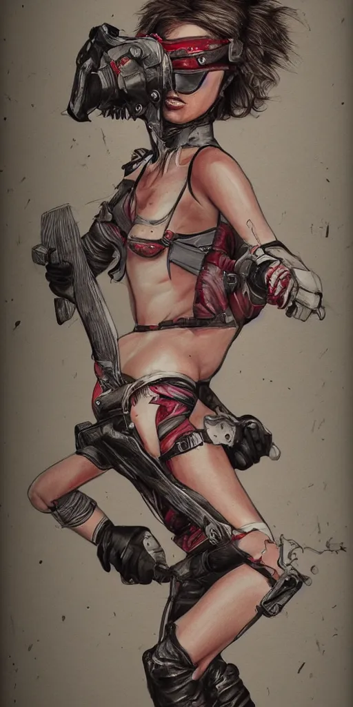 Prompt: a beautiful drawing of an attractive blindfolded woman wielding a chainsaw, highly detailed, featured on artstation, body shot