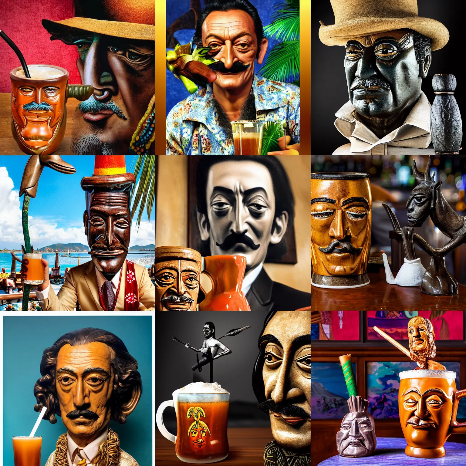 Image similar to a closeup photorealistic photograph of distinguished salvador dali at trader vic's bar sitting next to a trader vic's style tiki mug featuring the face of salvador dali. tiki culture. bright scene. 4 k hd image that's trending on artstation, featured on behance, well rendered, extra crisp, features epic composition and the style of unreal engine.