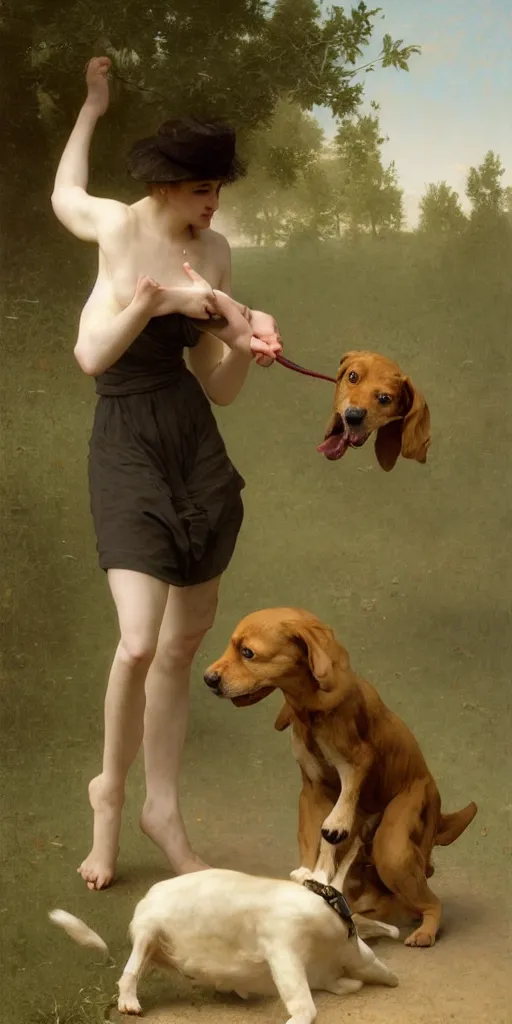 Image similar to funny stupid dog tries to bite its own tail. regal, realistic, refined, detailed digital art, oil painting, william - adolphe bouguereau, art frahm, esao andrews, highly detailed, cinematic lighting, unreal engine, 8 k, hd extremely detailed. 4 k. award winning. ultra realistic photo.