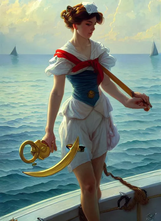 Image similar to sailor on its boat, fantasy, highly detailed, digital painting, artstation, concept art, wallpaper, smooth, sharp focus, illustration, art by artgerm and greg rutkowski and alphonse mucha