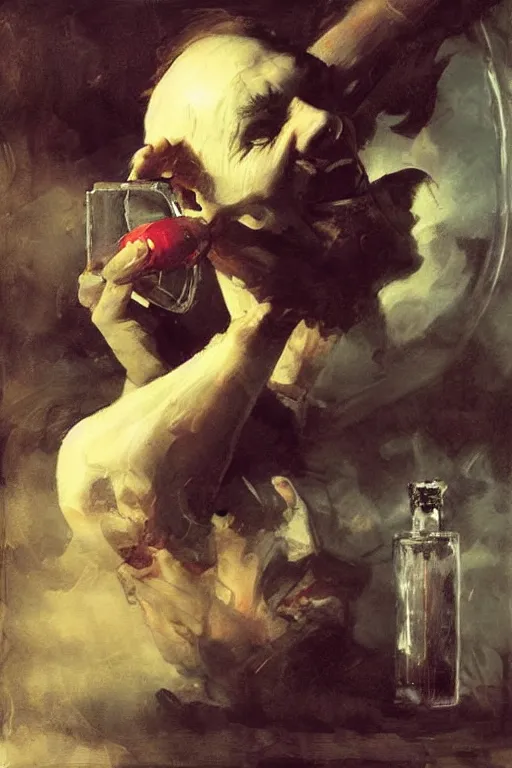 Image similar to a ship in a bottle but instead of a ship it is jack nicholson in the bottle, painting by caravaggio, ruan jia, jakub rebelka, artgerm, greg rutkowski, edgar maxence