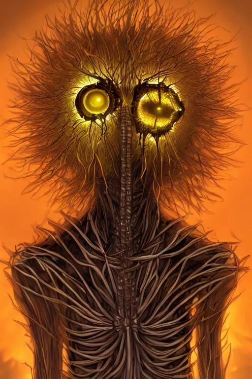 Image similar to a humanoid figure dandelion plant monster, amber eyes, highly detailed, digital art, sharp focus, ambient lighting, glowing, skeletal, trending on art station, anime art style