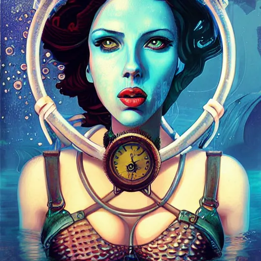 Prompt: underwater bioshock steampunk portrait of scarlett johansson, octopus, swimsuit, Pixar style, by Tristan Eaton Stanley Artgerm and Tom Bagshaw.