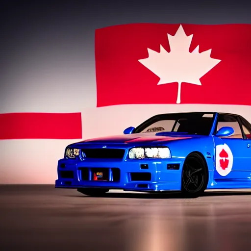 Prompt: electric blue R34 skyline with Canadian flag in the background, photography, 4k, volumetric lighting, glowing fog