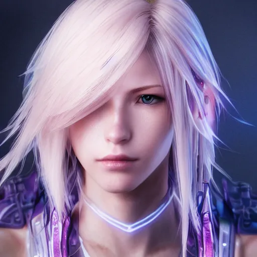 Image similar to a head and shoulders portrait of Lightning Farron from Final Fantasy XIII, neon, retro, smooth, sharp focus, intricate, artstation, detailed concept art by Rutkowski and Mucha and sky sewa and Marc Simonetti