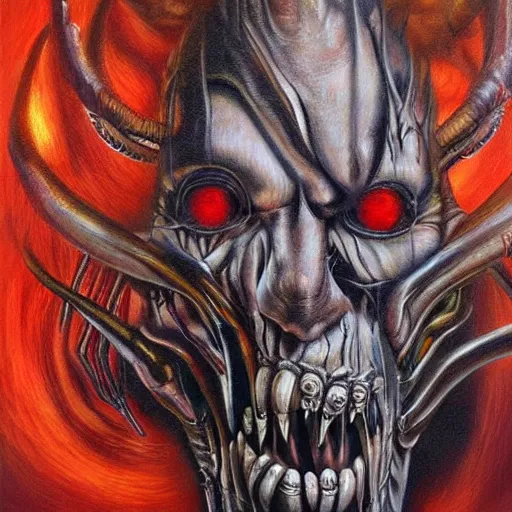 Image similar to the devil, hyperrealistic oil panting, disturing, highly detailed, shaded lightning, inspired by hr giger