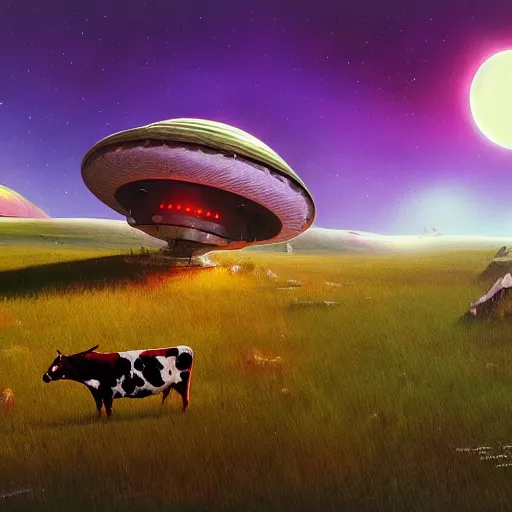 Image similar to ufo over the cow, Bright colors, fantastic landscape, hyperrealism, no blur, 4k resolution, ultra detailed, style of Anton Fadeev, Ivan Shishkin, John Berkey