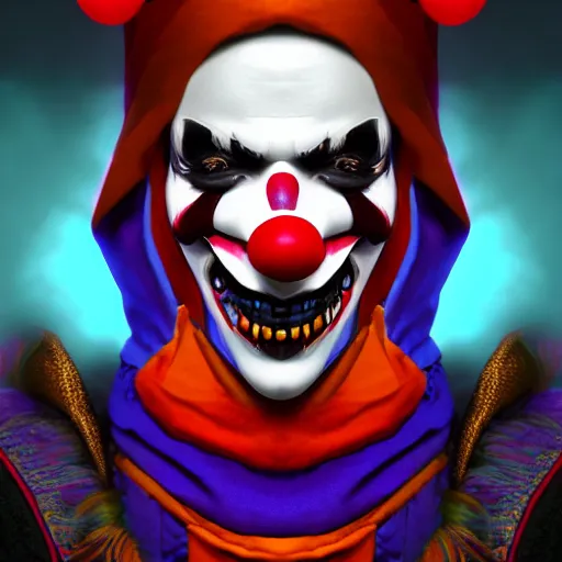 Prompt: a digital art close up portrait of hooded clown jester bard in style of d & d character, handsome warlock character sheet, 4 k, ultra detail, volumetric lighting, unreal engine, octane render, grimdark