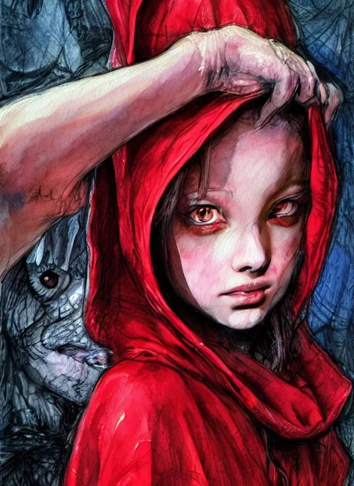 Image similar to portrait, beautiful Little red riding hood at a rave concert, watercolor, dramatic lighting, cinematic, establishing shot, extremly high detail, foto realistic, cinematic lighting, pen and ink, intricate line drawings, by Yoshitaka Amano, Ruan Jia, Kentaro Miura, Artgerm, post processed, concept art, artstation, matte painting, style by eddie mendoza, raphael lacoste, alex ross