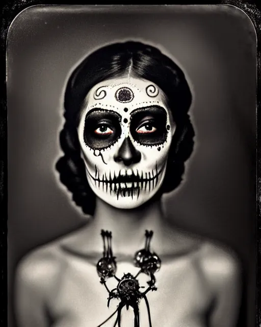 Image similar to tintype veiled woman dressed in dia de muertos makeup high quality photo, microchip, artificial intelligence, bio - mechanical bio - luminescence, black wired cables, neurons, nerve cells, cinematic, rim light, photo - realistic, high detail, 8 k, masterpiece, high fashion, in the style of steven meisel dora maar h. g. giger