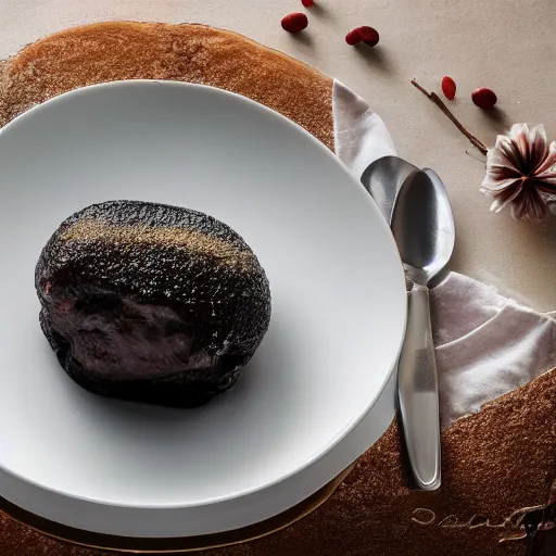 Prompt: extremely delicious looking meal,, unique way of serving, very expensive top quality product, michelin star, most perfect desert on the world, small manufacture, unique style, 8 k, product photography, professional studio photography