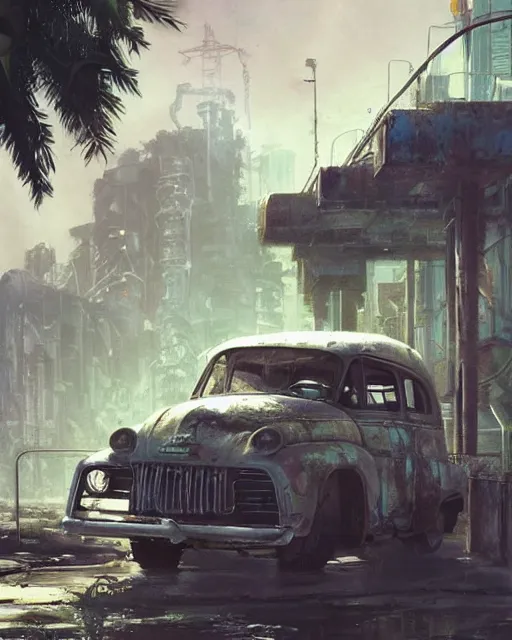 Image similar to fallout 5, tropical coastal city, desolate, dilapidated, abandoned retro futuristic vintage car and truck, buses, illustration, perfectly shaded, oft painting, art by krenz cushart and wenjun lin