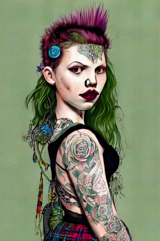 Prompt: portrait of hannah murray as a punk woman with green mohawk, neotraditional tattoos, fishnets, long tartan skirt as delirium of the endless, the sandman, rainbow clothes,, sci - fi, intricate and very very beautiful and elegant, highly detailed, digital painting, artstation, smooth and sharp focus, illustration, art by tian zi and wlop and alphonse mucha