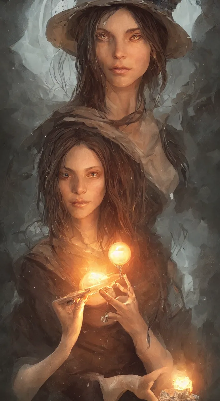 Prompt: one young witch with a crystal ball, true anatomy, detailed face, highly detailed, by greg rutkowski