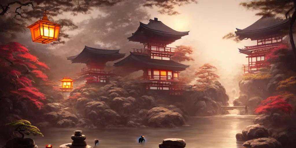 Image similar to painting of private magical onsen next to japanese inn with levitating lanterns and dragon spirits by greg rutkowski craig mullins ross tran cozy hot springs bonsai zen garden steamy flowers japanese motifs concept art clear focus fantasy d & d cinematic lighting unreal engine lumen trending on artstation