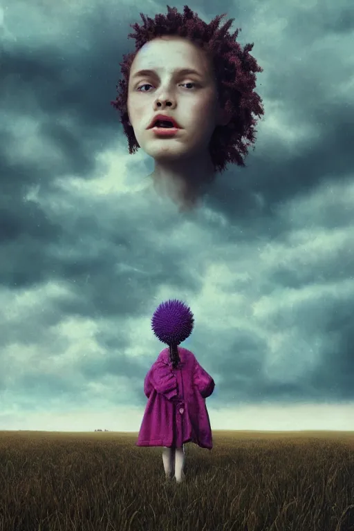 Image similar to portrait, enormous thistle flower under head, a girl in a coat in field, surreal photography, wind, cloudy sky, dramatic light, impressionist painting, digital painting, artstation, simon stalenhag