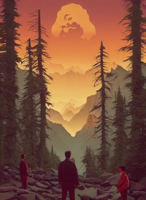 Prompt: Twin Peaks poster artwork by Michael Whelan and Tomer Hanuka, Rendering of the good guys, full of details, by Makoto Shinkai and thomas kinkade, Matte painting, trending on artstation and unreal engine