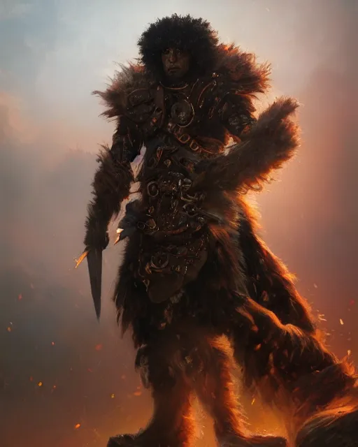 Image similar to oil painting of Anthropomorphized Angry Poodle Warrior, wearing fur cloak, sharp focus, holding Sabre, heroic pose, fantasy style, octane render, volumetric lighting, 8k high definition, by greg rutkowski, highly detailed, trending on art Station, magic the gathering artwork, Battlefield backround, centered