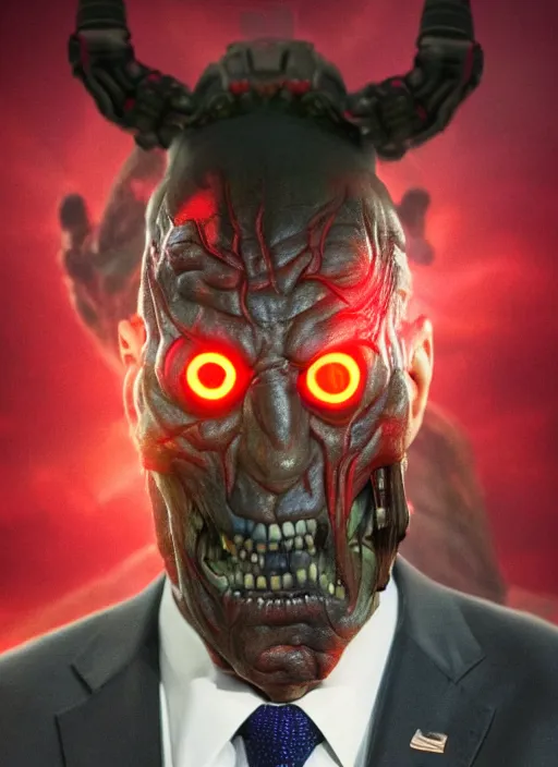 Image similar to hyper realistic ultra realistic mutant photo Doom furious glowing red eyes biden, high quality photo, detailed , 8k