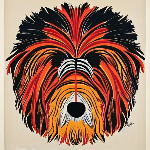 Image similar to tlingit haida lithographic, havanese dog, abstract, simple colors, lithograph print by nathan jackson and tristan - wolf reg davidson clifton guthrie maynard johnny jr.