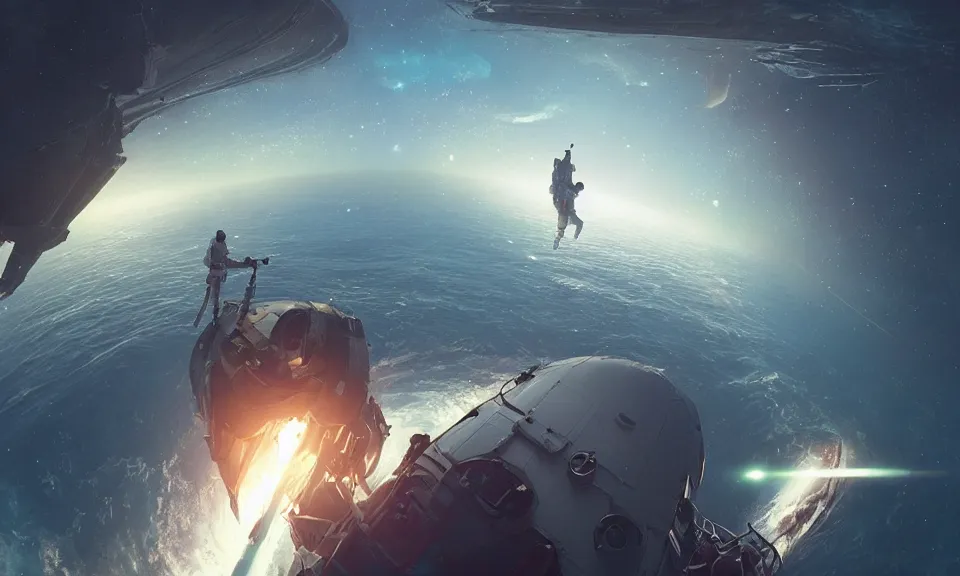 Image similar to two astronauts fishing off the side of their vessel into the pool of galactic nebula, Greg Rutkowski, ArtStation, CGSociety, Unreal Engine