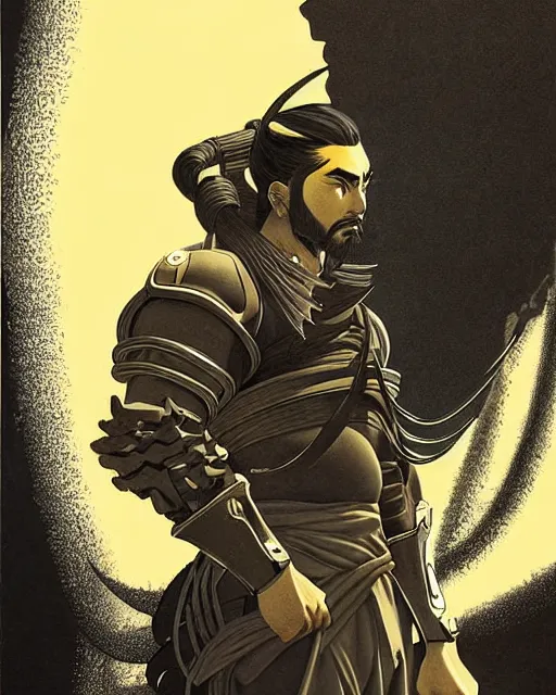 Image similar to hanzo from overwatch, character portrait, portrait, close up, concept art, intricate details, highly detailed, vintage sci - fi poster, retro future, vintage sci - fi art, in the style of chris foss, rodger dean, moebius, michael whelan, katsuhiro otomo, and gustave dore