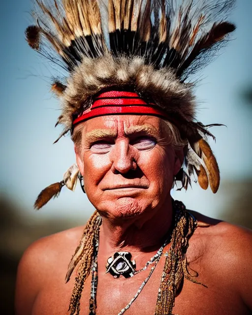 Prompt: a portrait photograph of donald trump as ( ( ( ( ( ( a tribal shaman from the stone age ) ) ) ) ) ), dslr photography