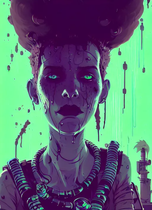 Image similar to highly detailed portrait of an moody wasteland punk long dripping green poison hair tribal lady, stray wiring by atey ghailan, james gilleard, by joe fenton, by greg rutkowski, by greg tocchini, by kaethe butcher, 4 k resolution, gradient purple, brown black and white color scheme!!! ( ( green flaming robotic sewer background ) )