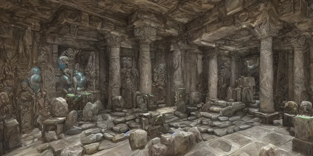 Image similar to inside A sumerian temple hall full of gemstonesculptures, art by World of Warcraft Art Direction, art station, concept art,