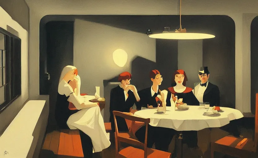 Image similar to a mysterious dinner scene illustration by atey ghailan and escher and edward hopper, surreal