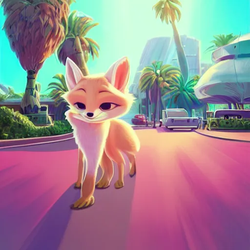 Prompt: fennec fox, pink, palm trees, furry, cute, disney zootopia, concept art, aviator sunglasses, synthwave style, artstation, detailed, award winning, dramatic lighting, miami vice, oil on canvas, vibes