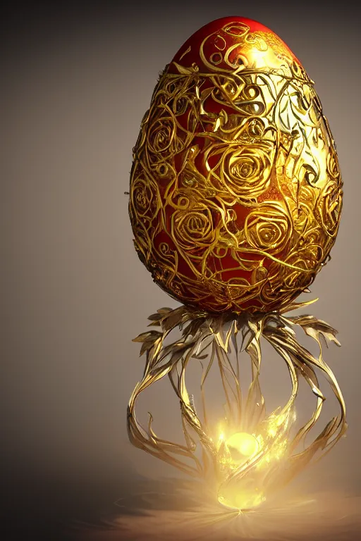 Image similar to a detailed glowing egg with swirls of red and blue emerging from the blossom of a metallic gold flower with tendrils of gold wrapping around the egg, a rose made out of silver and gold with an egg inside, fantasy concept art, unreal engine 5, volumetric lighting, trending on artstation