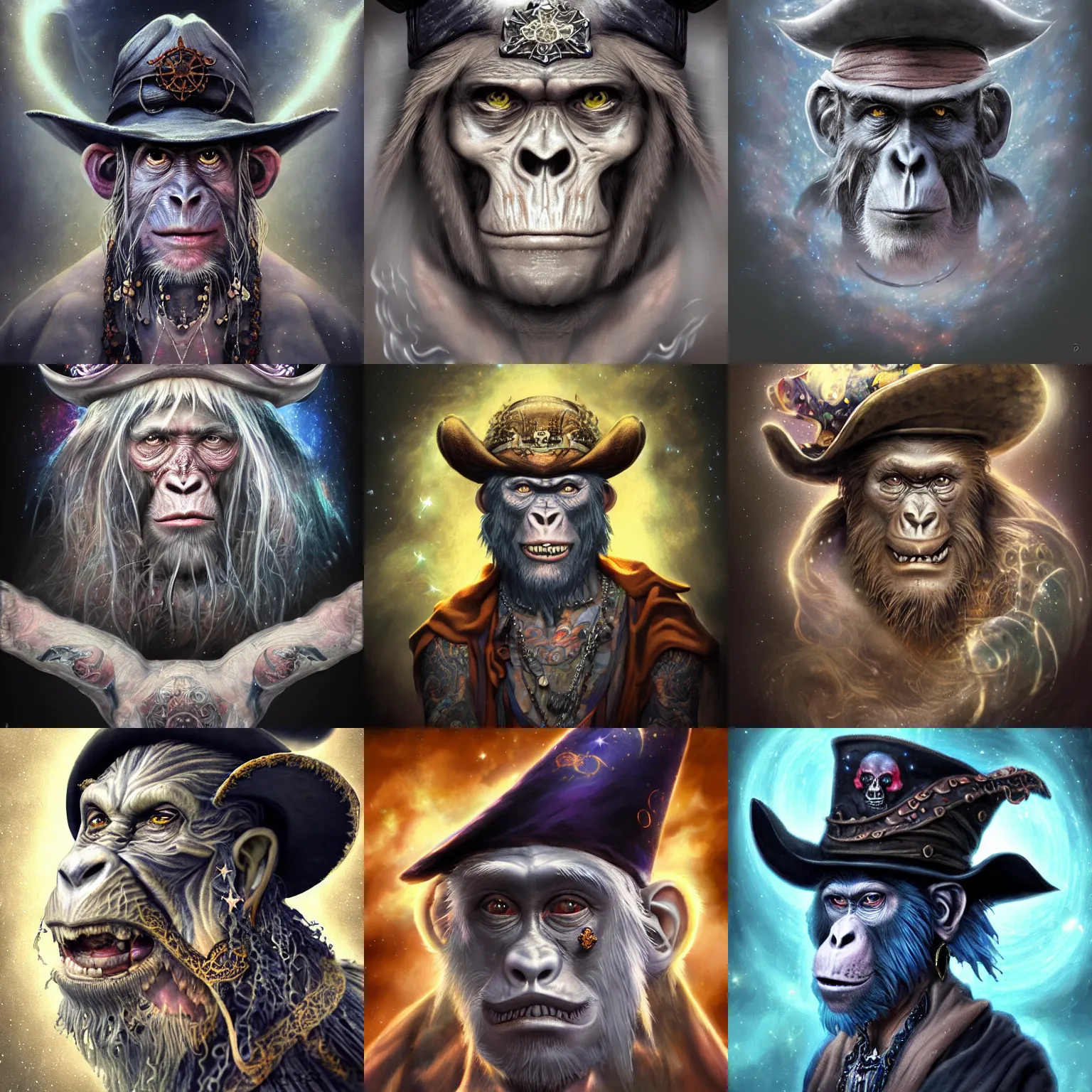 Image similar to a wlop 3 d render of very very very very highly detailed beautiful mystic portrait of a young ghost ape pirate in a hat with whirling galaxy around, tattoos by anton pieck, intricate, extremely detailed, digital painting, artstation, concept art, smooth, sharp focus, illustration, intimidating lighting, incredible art,