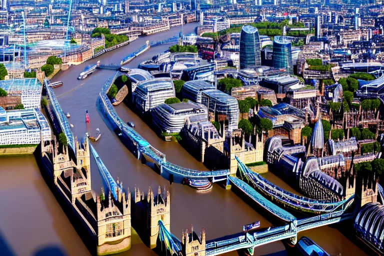 Image similar to an aerial view of a london city with a river running through it, a tilt shift photo by christopher wren, featured on cg society, new objectivity, uhd image, tilt shift, high dynamic range