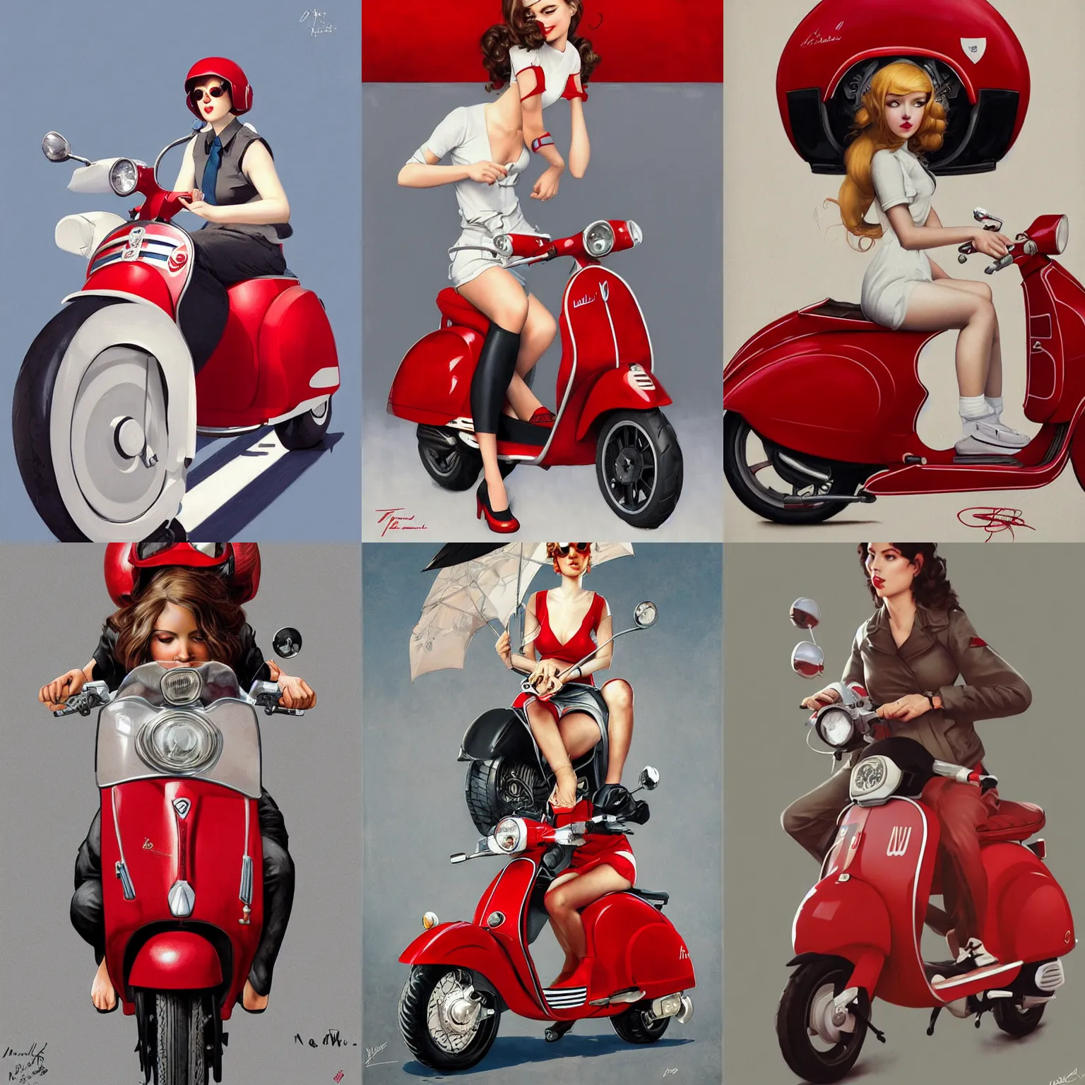 Prompt: cute female spy on a white and cherry red vespa on white background, intricate, highly detailed, digital painting, artstation, concept art, smooth, sharp focus, illustration, art by norman rockwell emiliano ponzi andrey remnev yoann lossel aaron jasinski, 8 k