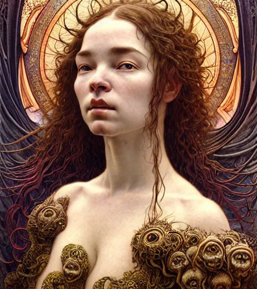 Prompt: detailed realistic beautiful young medieval bjork face portrait by jean delville, gustave dore and marco mazzoni, art nouveau, symbolist, visionary, gothic, pre - raphaelite. horizontal symmetry by zdzisław beksinski, iris van herpen, raymond swanland and alphonse mucha. highly detailed, hyper - real, beautiful