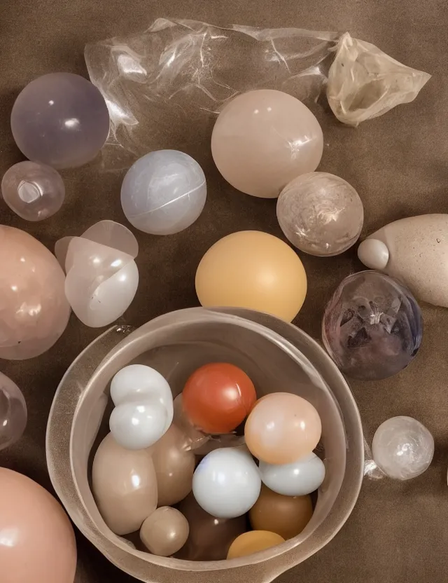 Image similar to a well - lit studio photograph of various earth - toned plastic toys floating in a bowl of water, some wrinkled, some long, various sizes, textures, and transparencies, beautiful, smooth, detailed, inticate