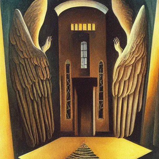 Image similar to an original painting by remedios varo, a building surrounded by angels